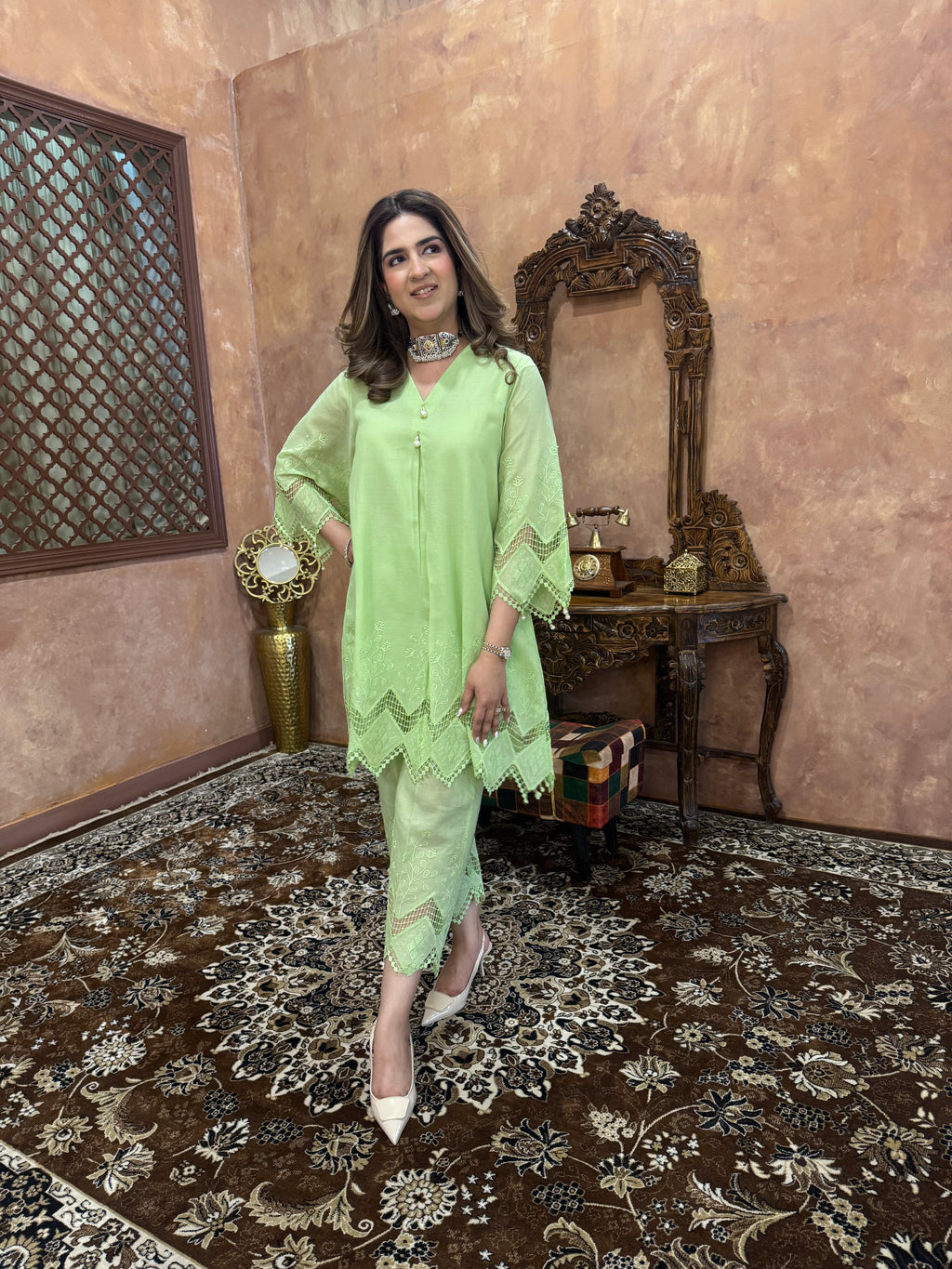 GREEN CUTWORK LACE SET