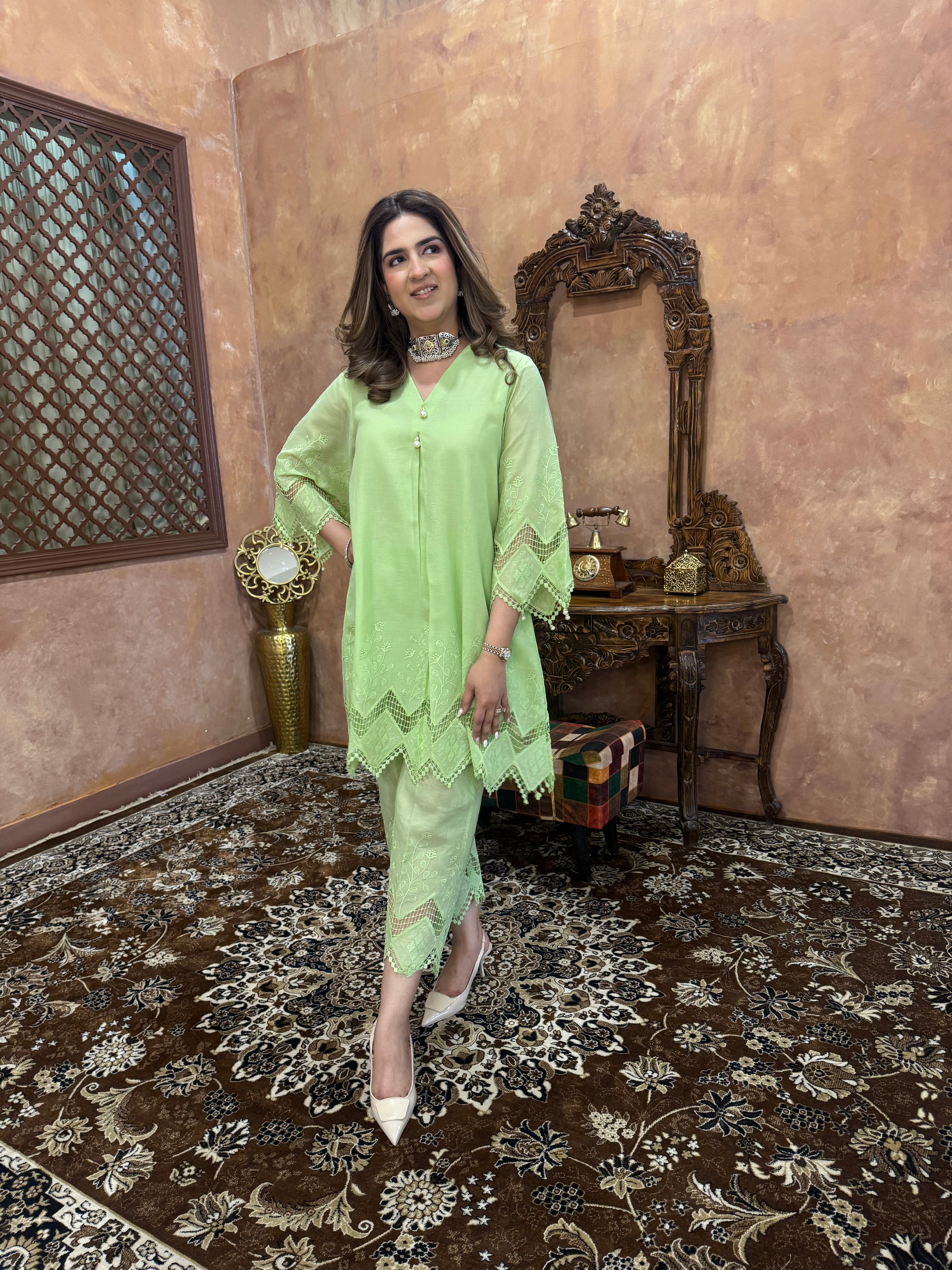 GREEN CUTWORK LACE SET