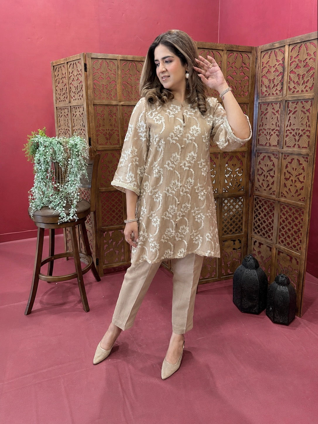 BEIGE PURE MUL CHANDERI EMBROIDERED SET