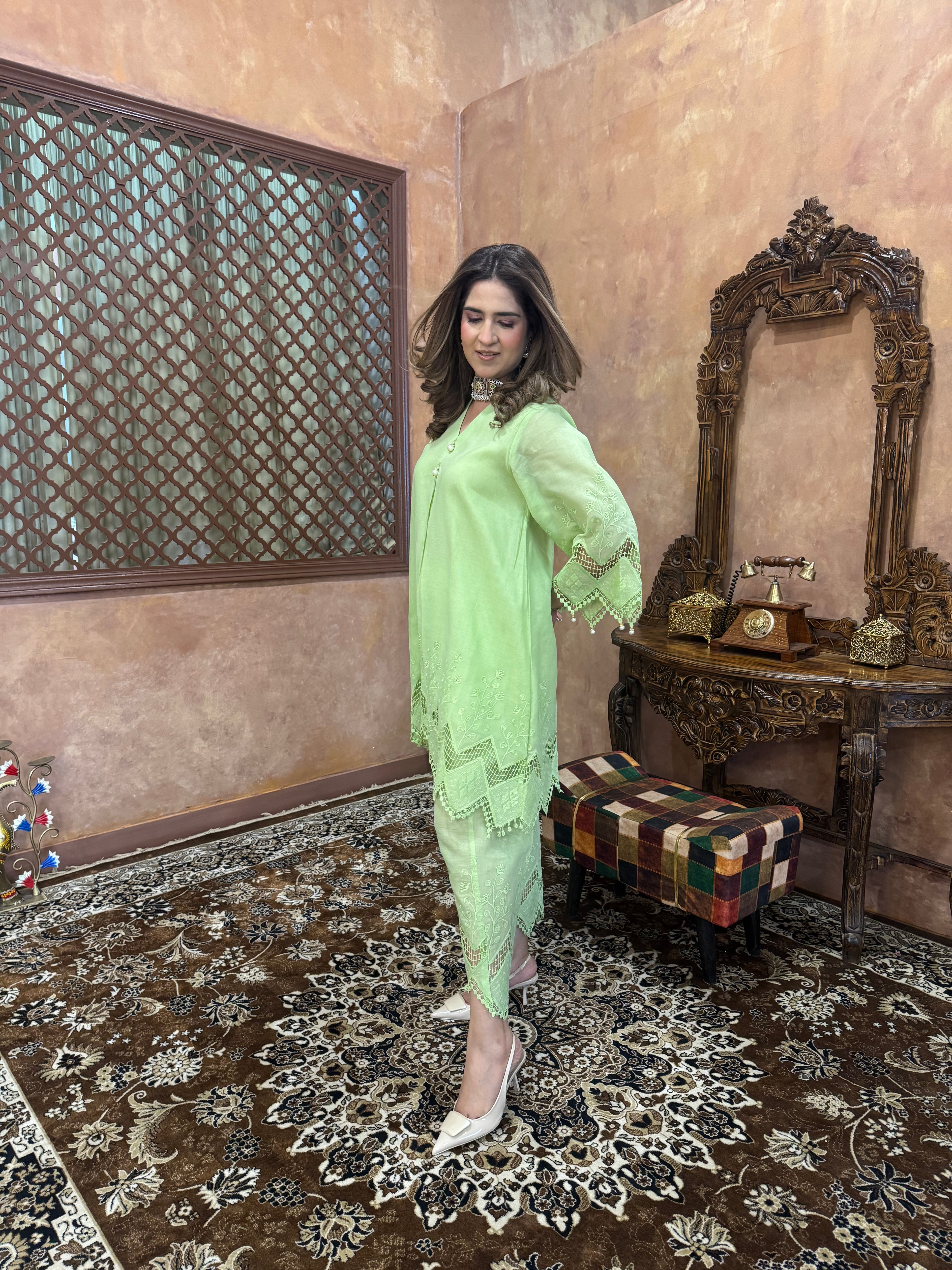 GREEN CUTWORK LACE SET