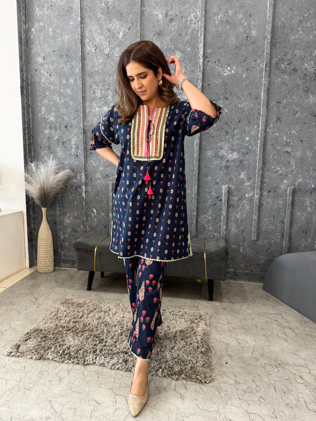 BLUE COTTON PRINTED DORI SET