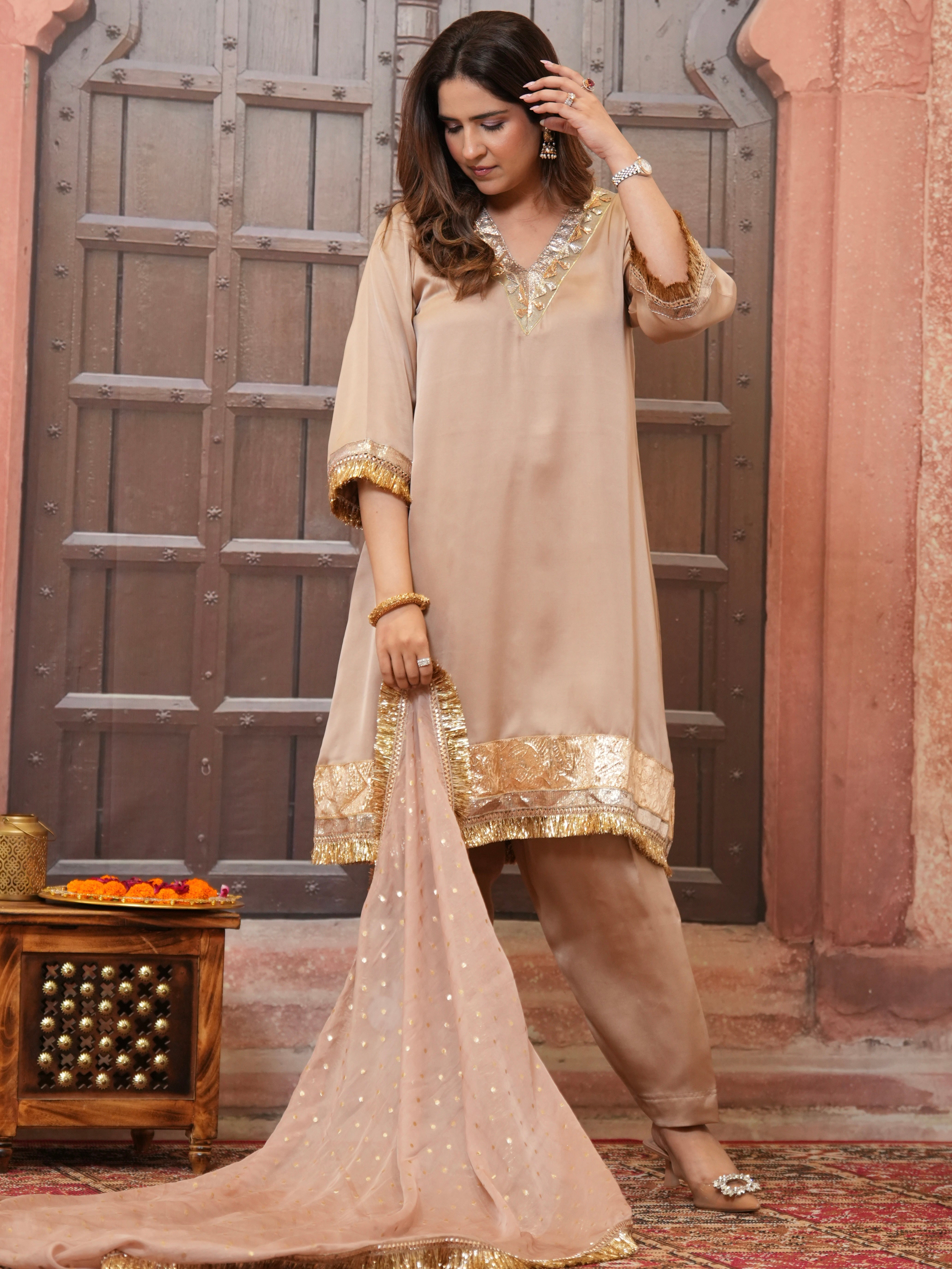 BEIGE GOTA KIRAN SET
