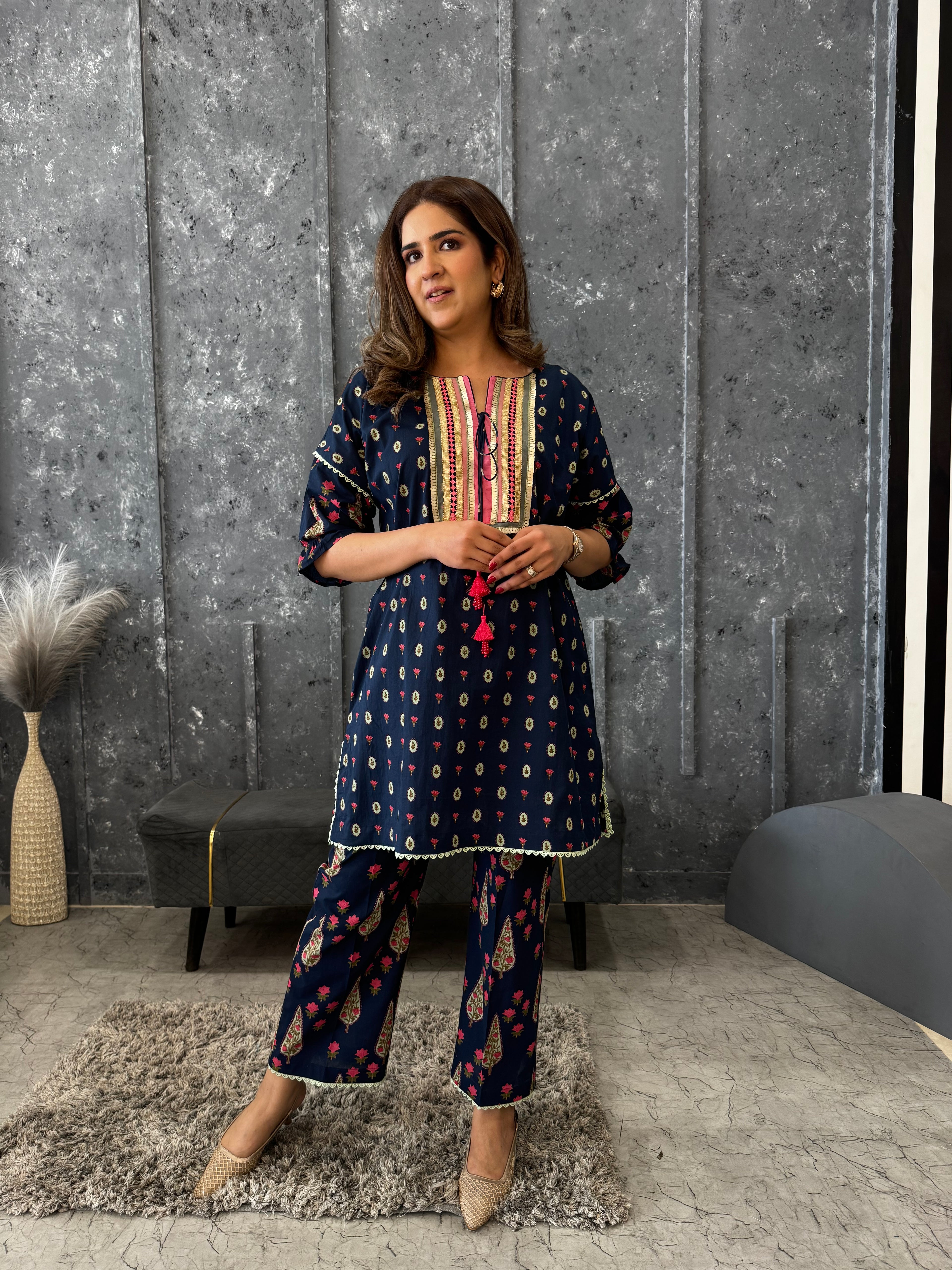 BLUE COTTON PRINTED DORI SET