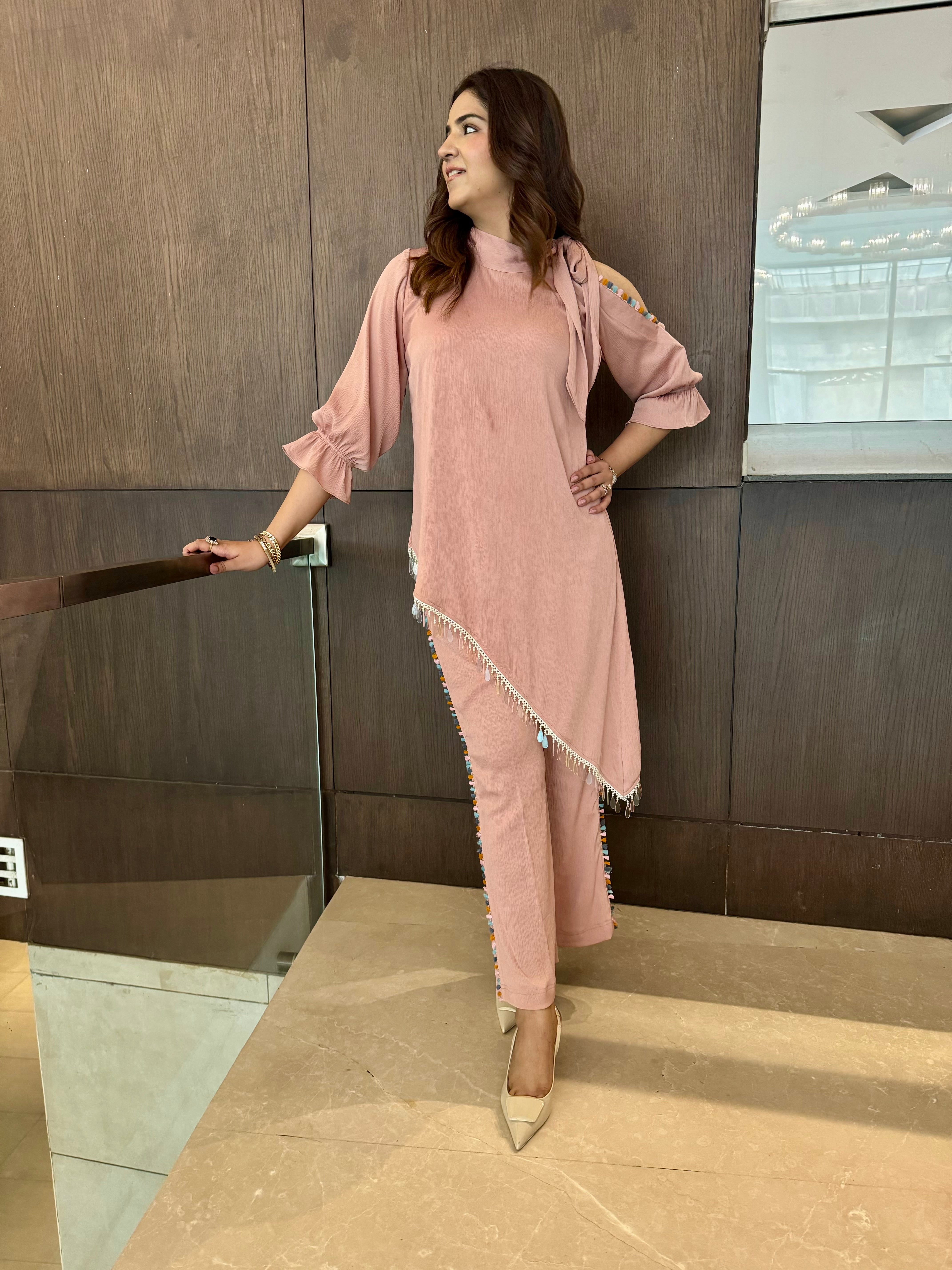 BLUSH PEACH PINK ASYMMETRICAL SET