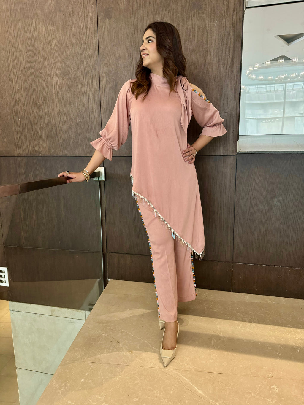 BLUSH PEACH PINK ASYMMETRICAL SET