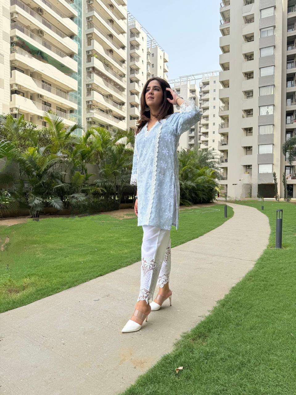 POWDER BLUE EMBROIDERED COTTON