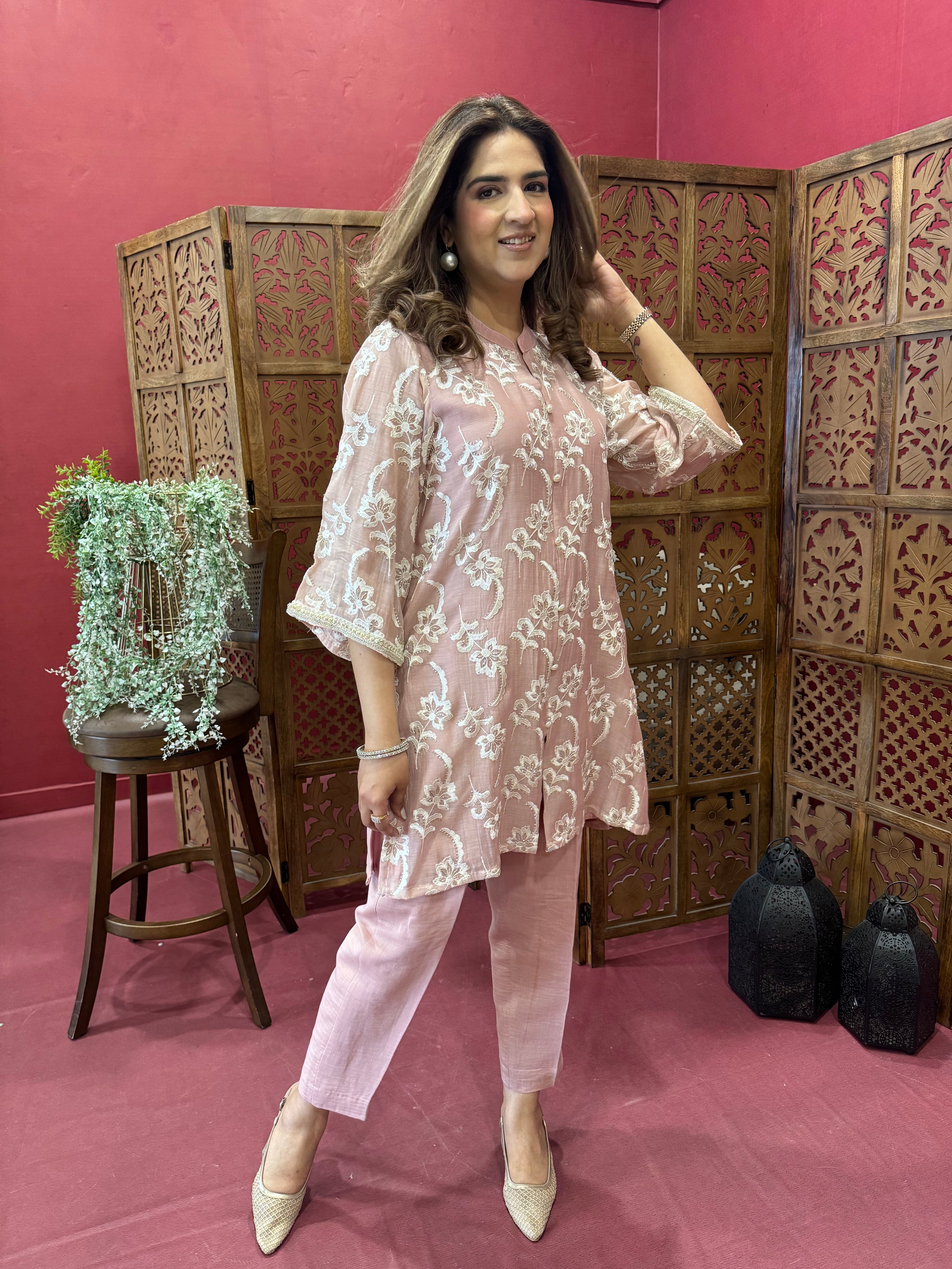 BLUSH PINK MUL CHANDERI EMBROIDERED SET