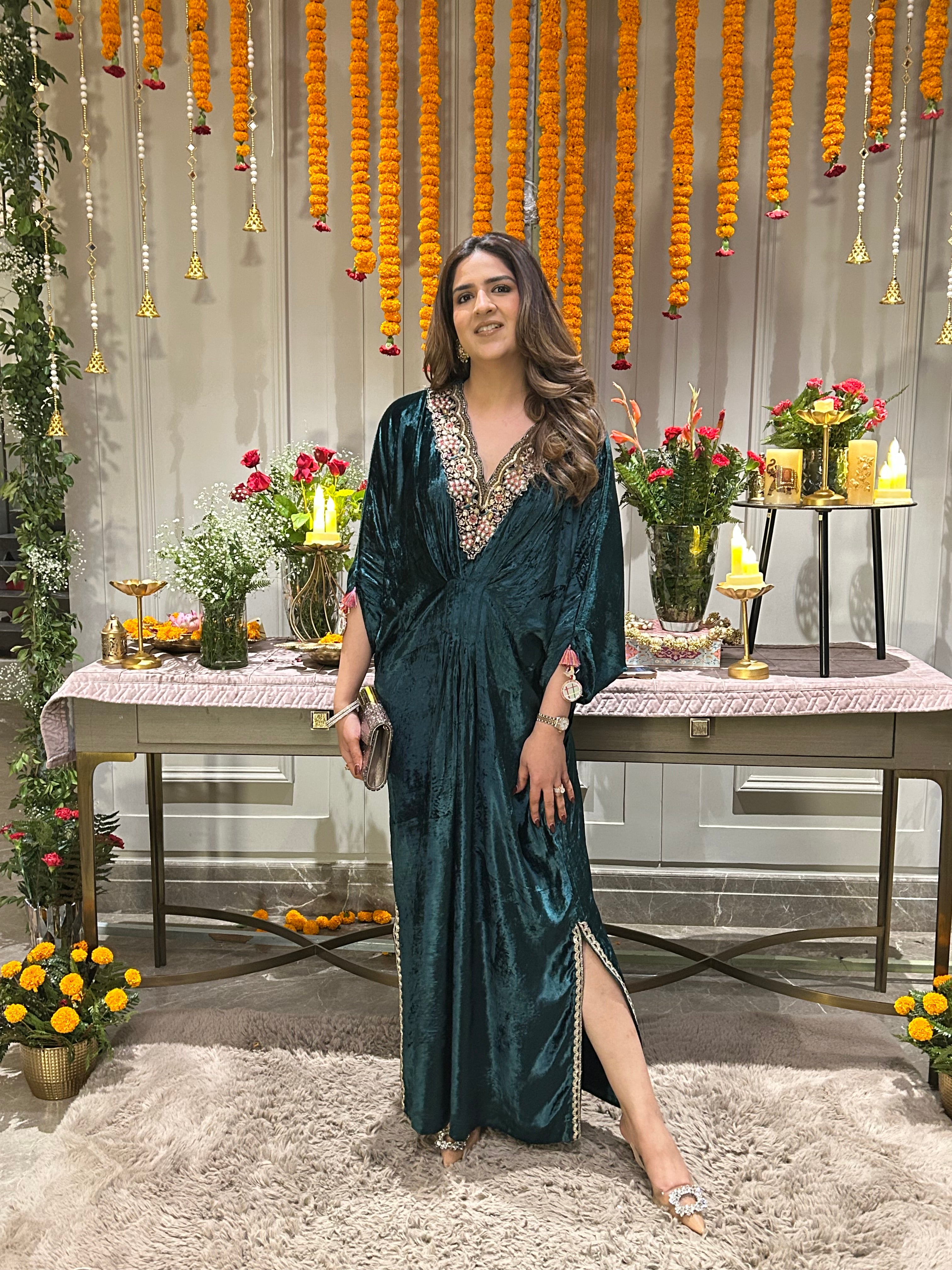 EMERALD GREEN FREE SIZE VELVET KAFTAN