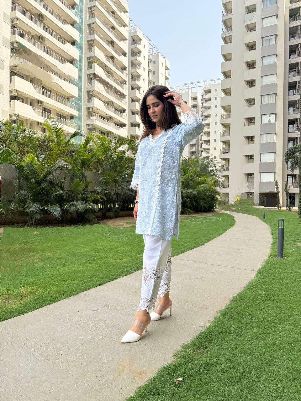 POWDER BLUE EMBROIDERED COTTON