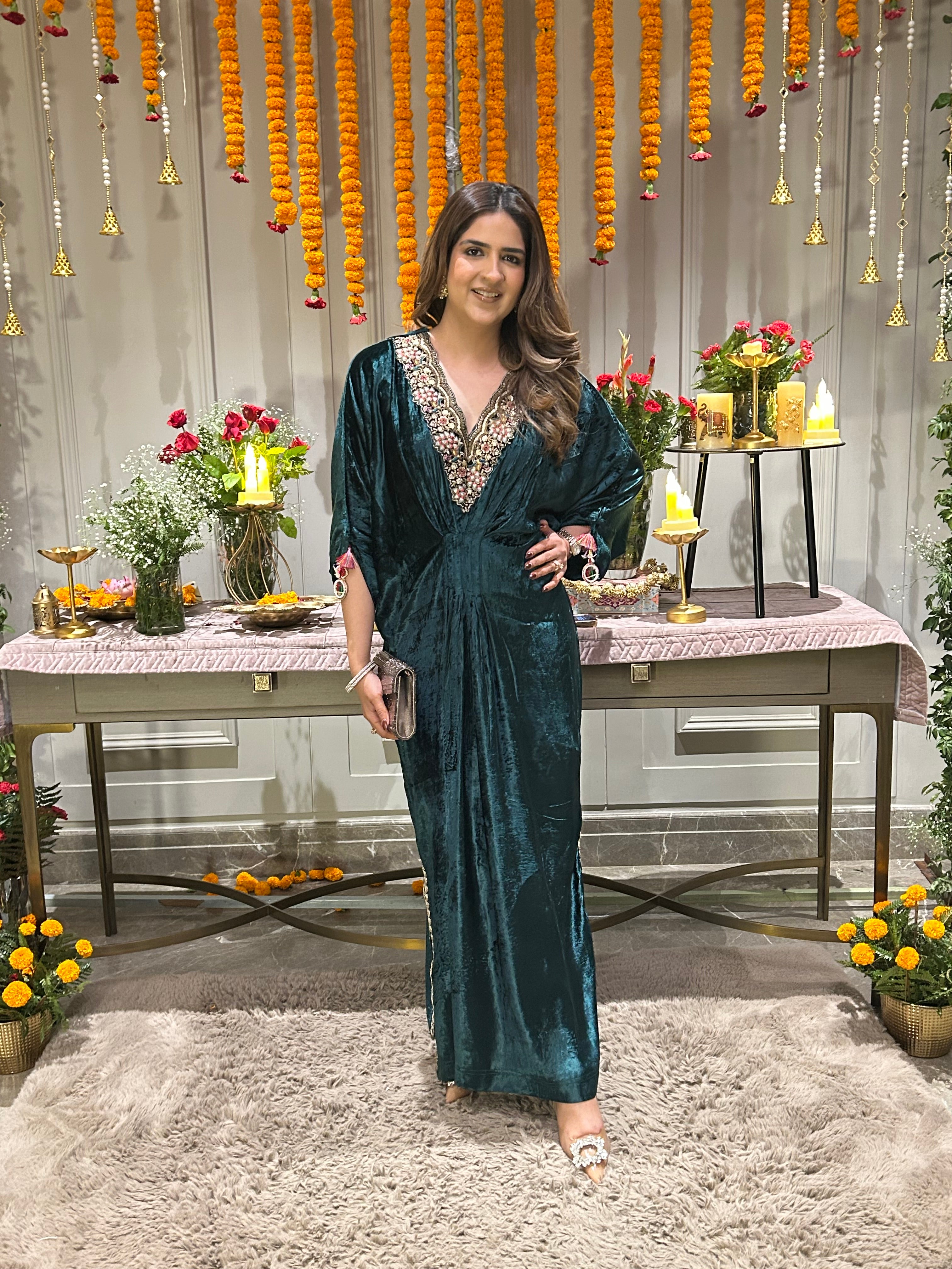 EMERALD GREEN FREE SIZE VELVET KAFTAN