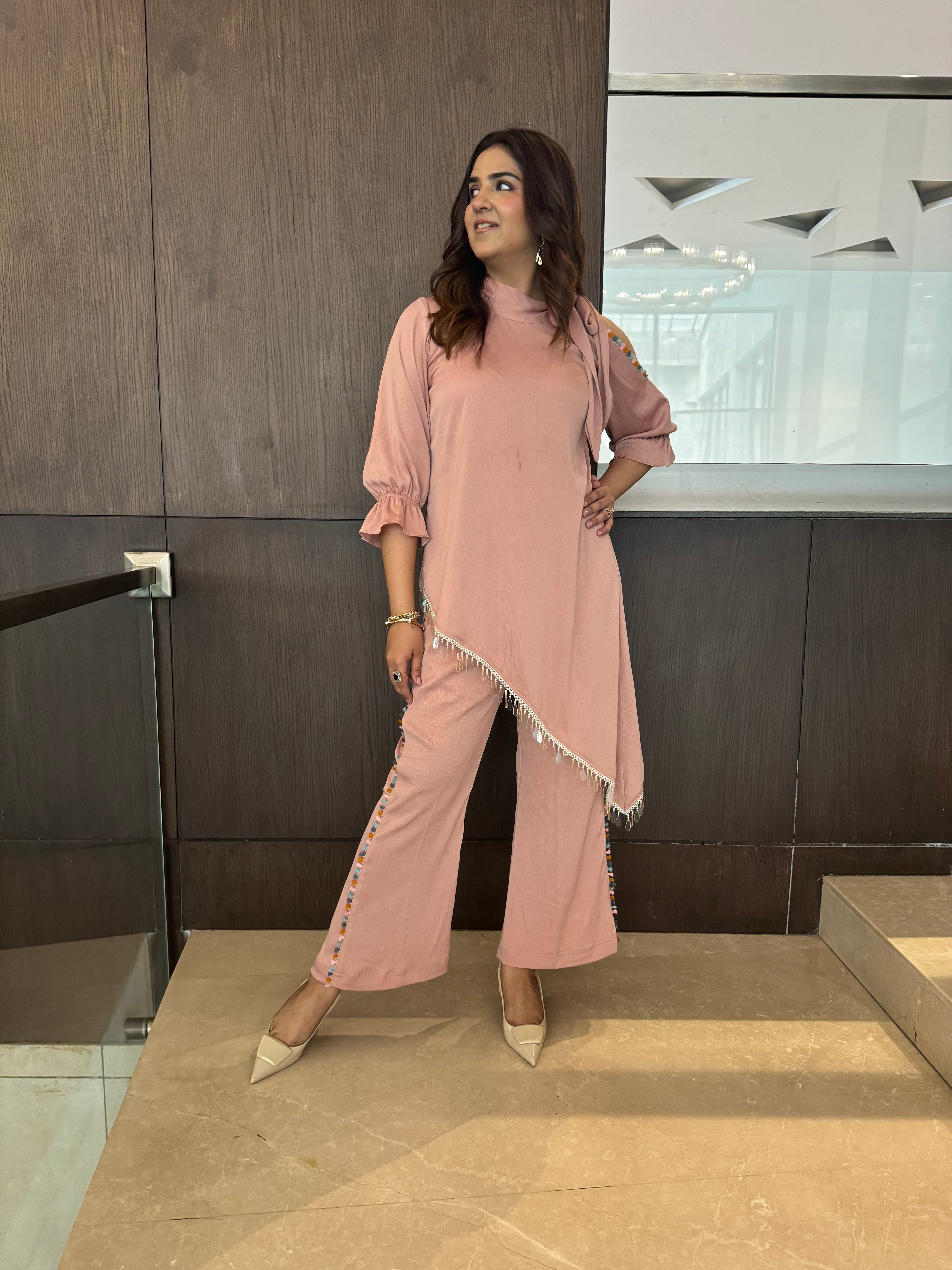 BLUSH PEACH PINK ASYMMETRICAL SET