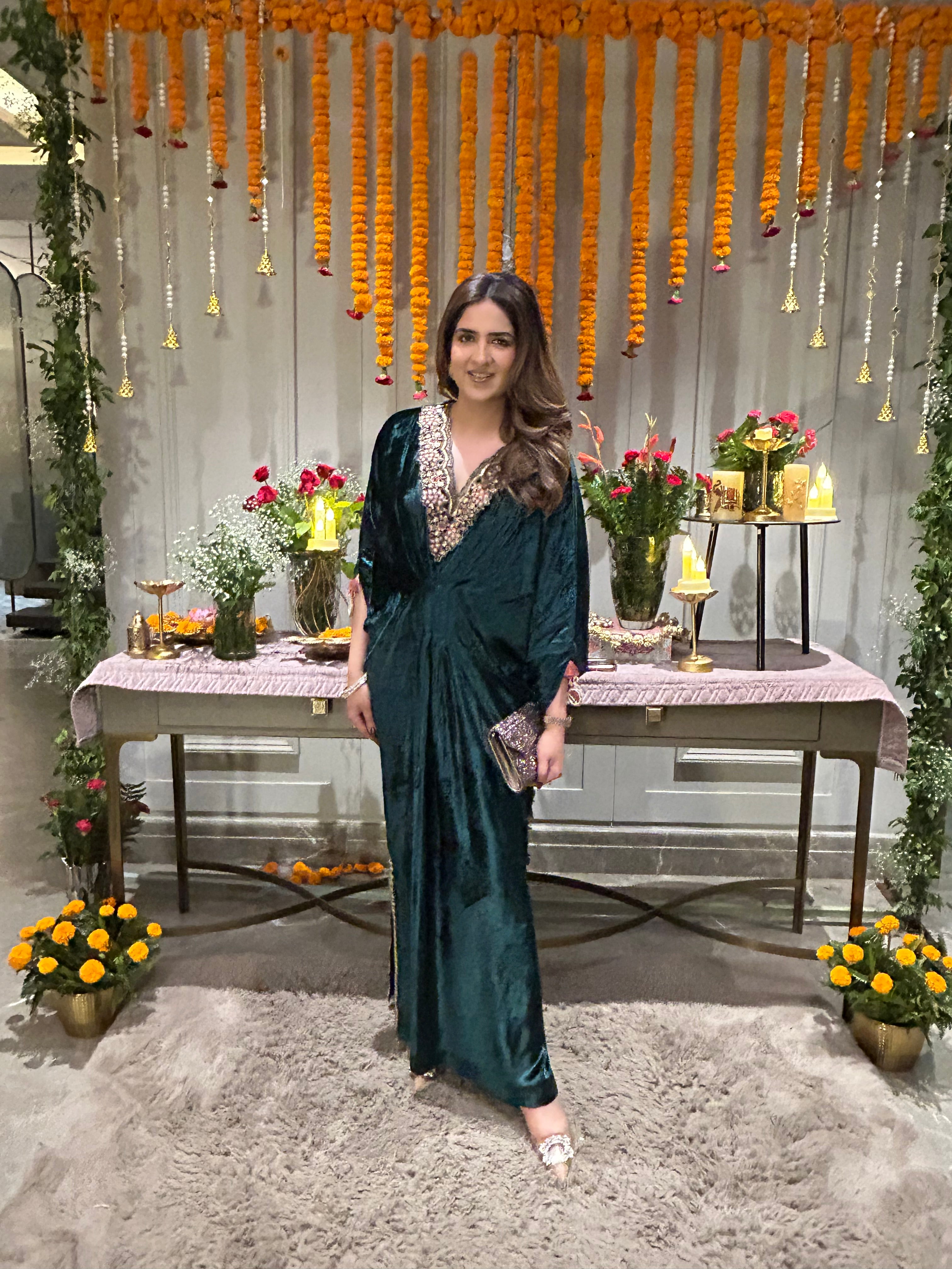 EMERALD GREEN FREE SIZE VELVET KAFTAN