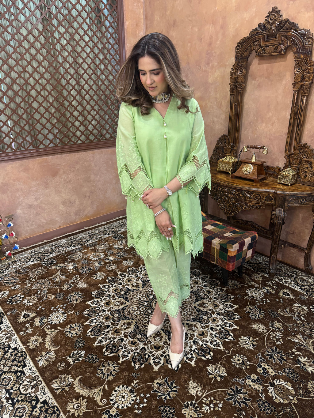 GREEN CUTWORK LACE SET