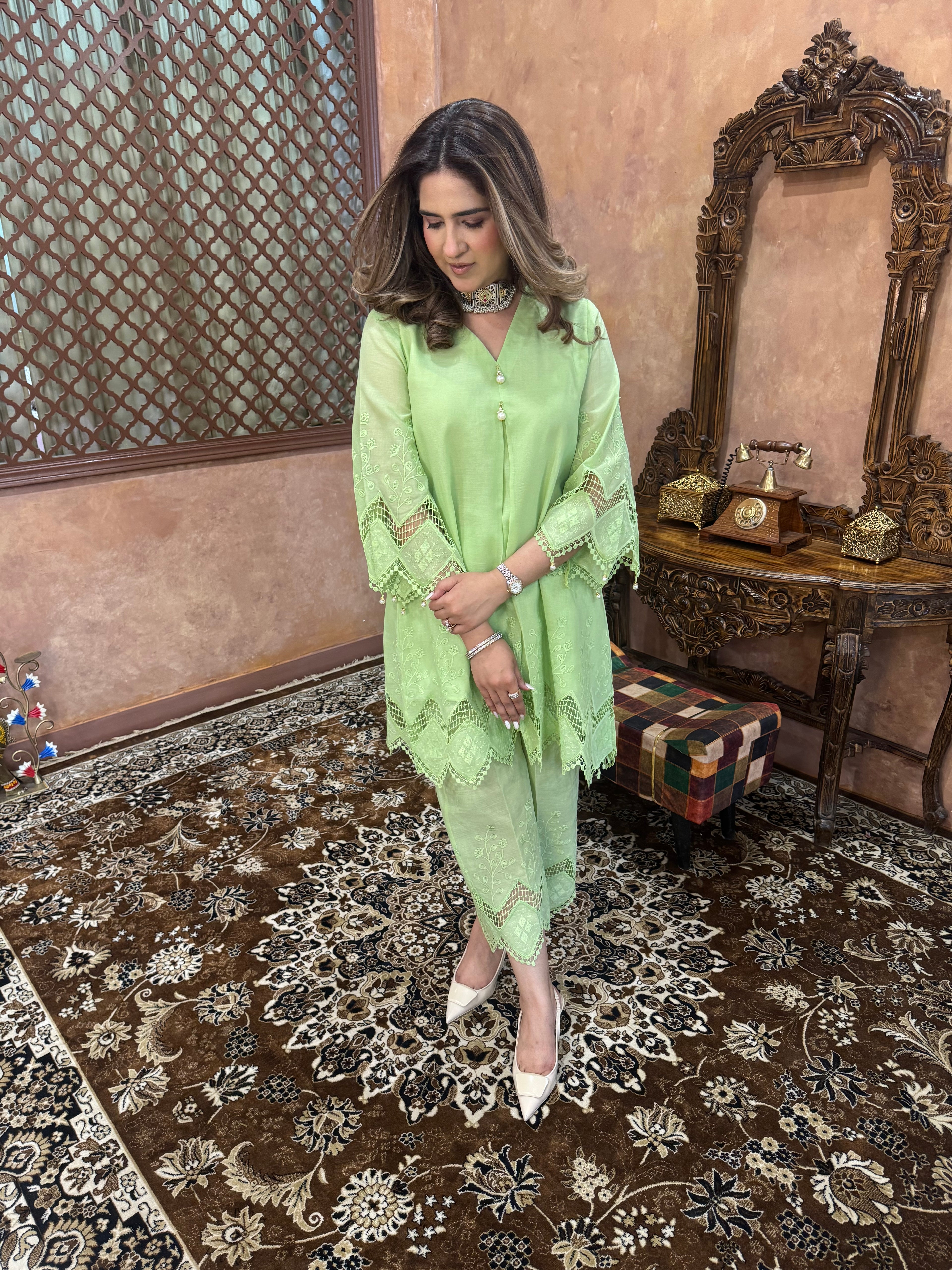 GREEN CUTWORK LACE SET