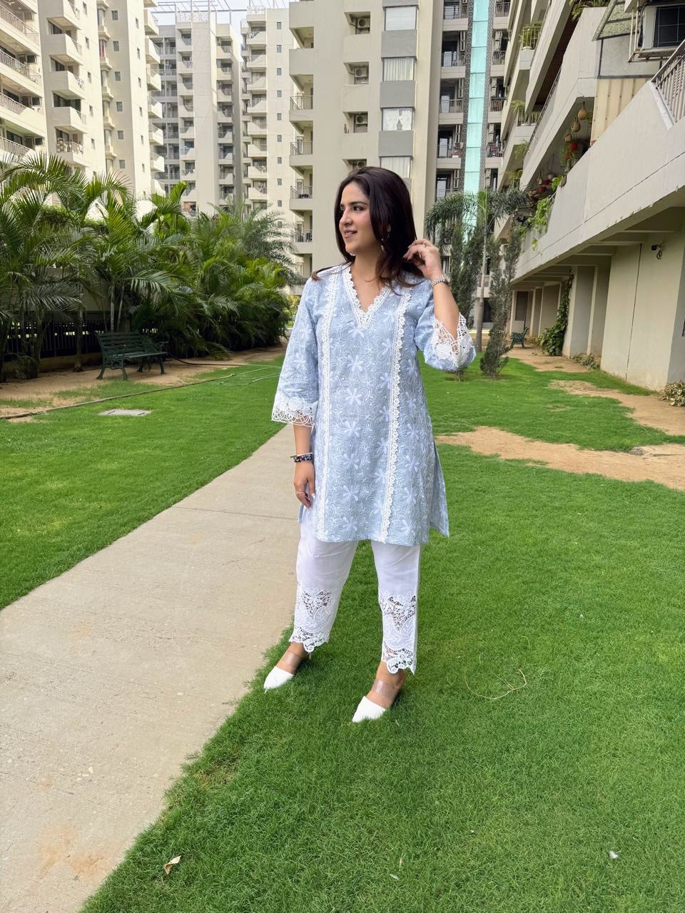 POWDER BLUE EMBROIDERED COTTON