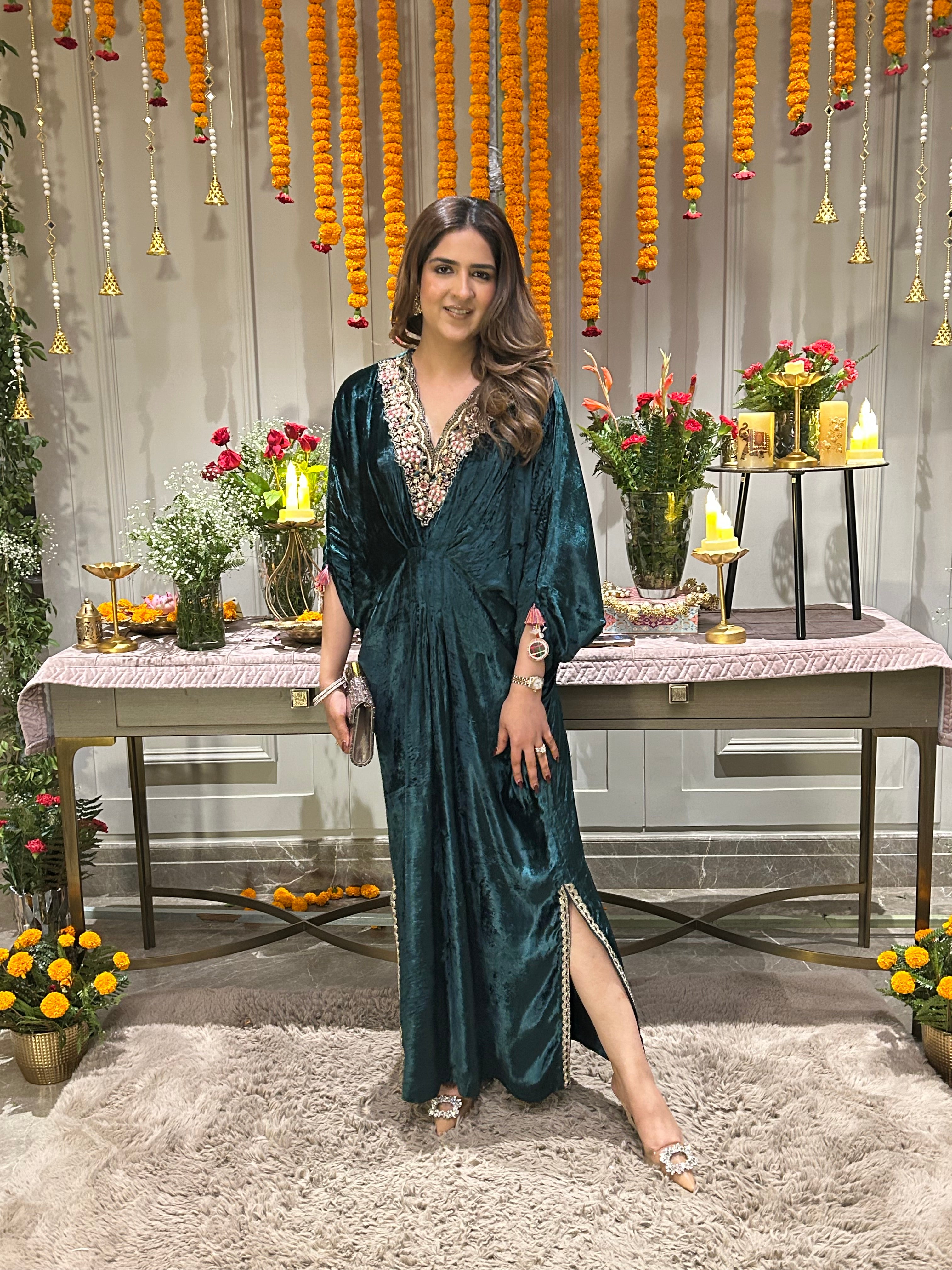 EMERALD GREEN FREE SIZE VELVET KAFTAN