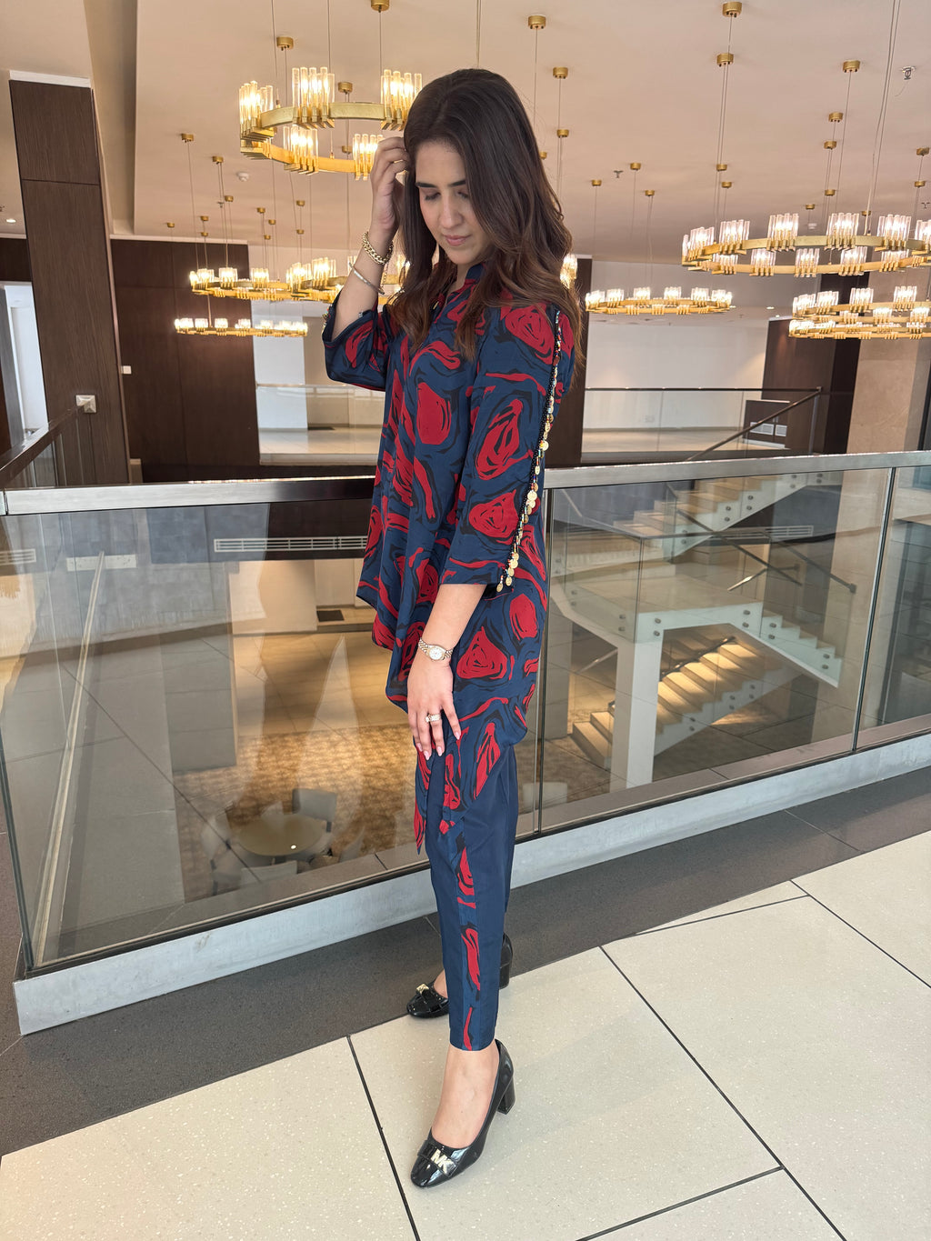 NAVY RED CREPE SET