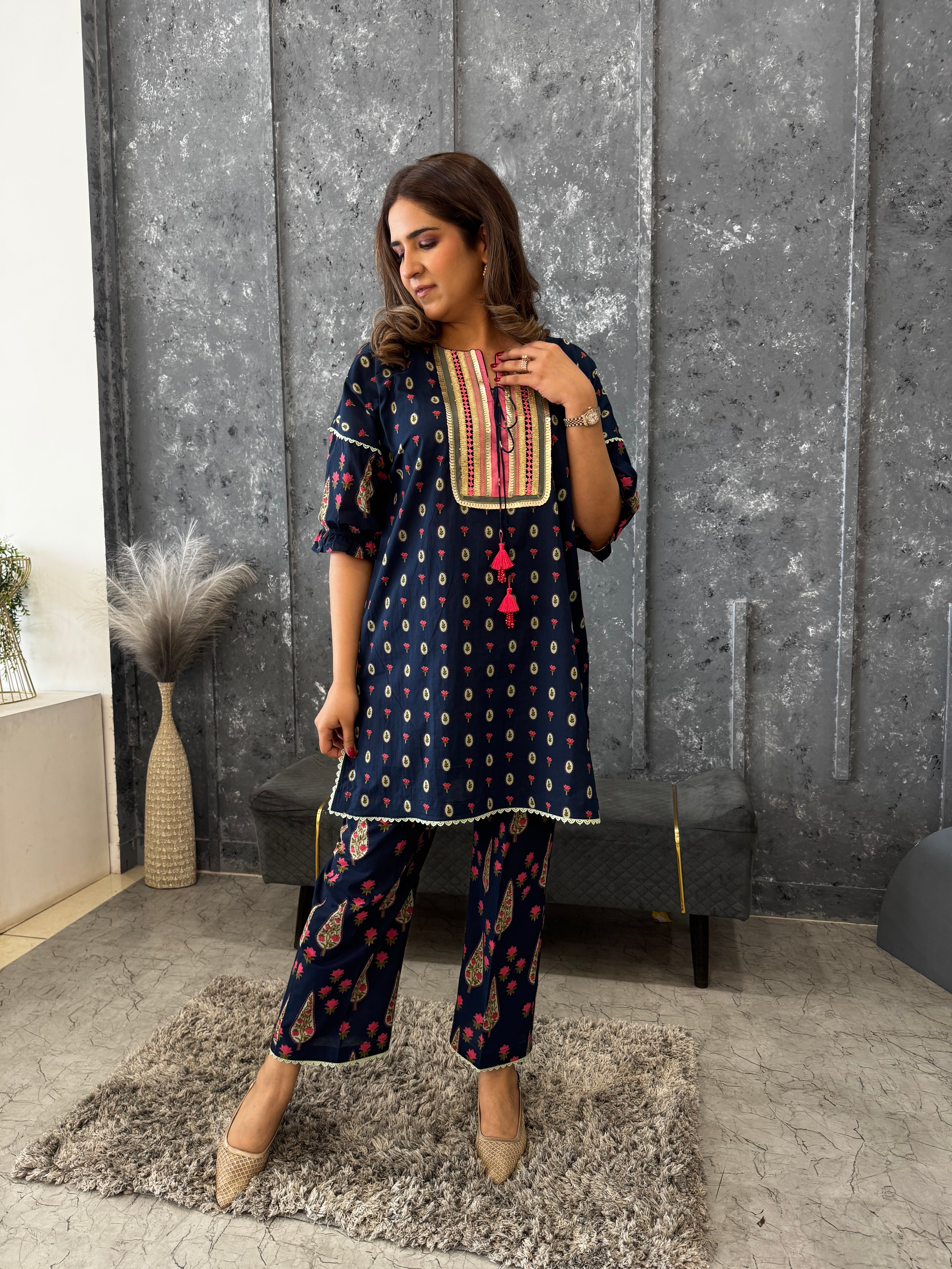 BLUE COTTON PRINTED DORI SET