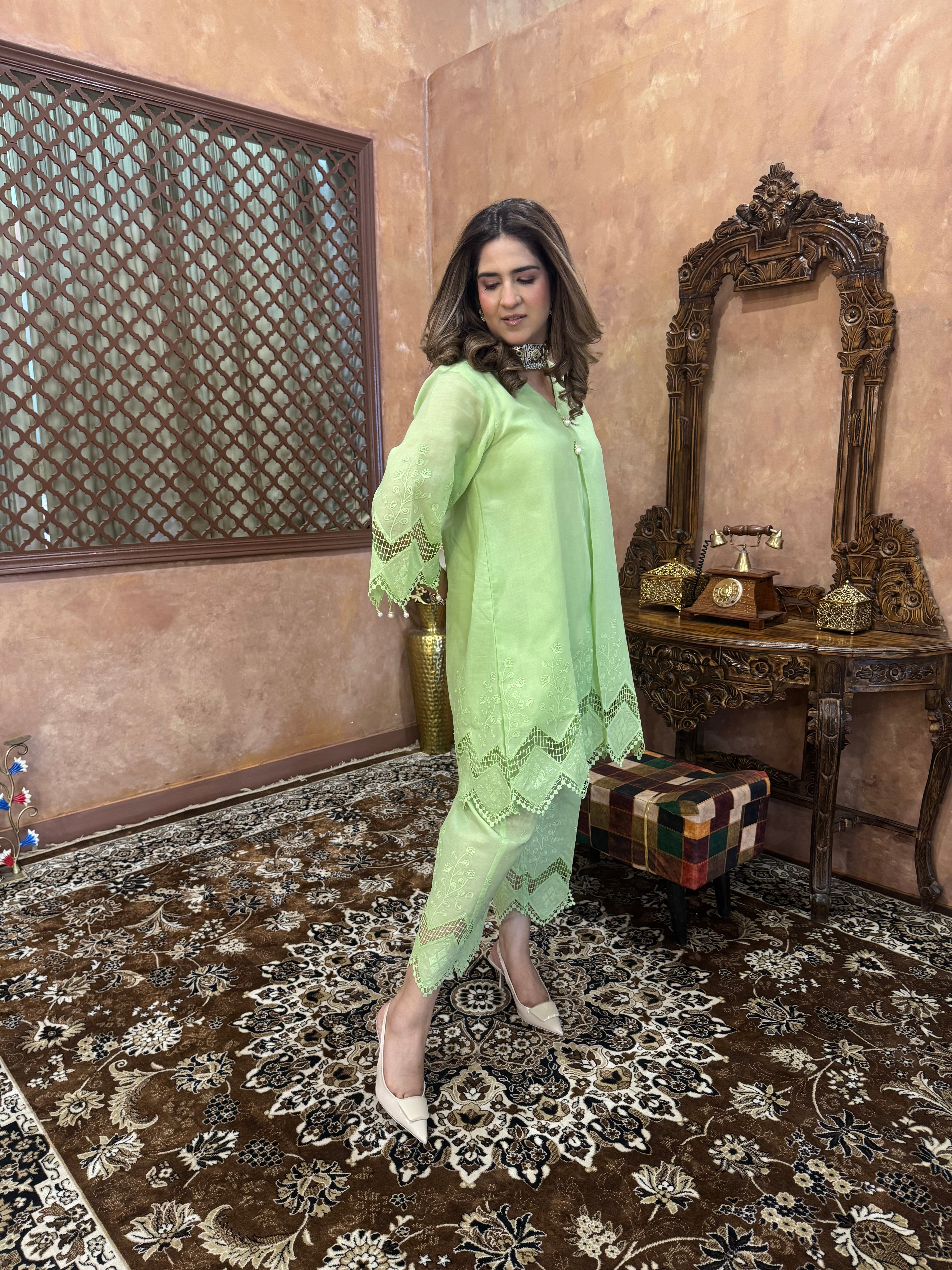 GREEN CUTWORK LACE SET