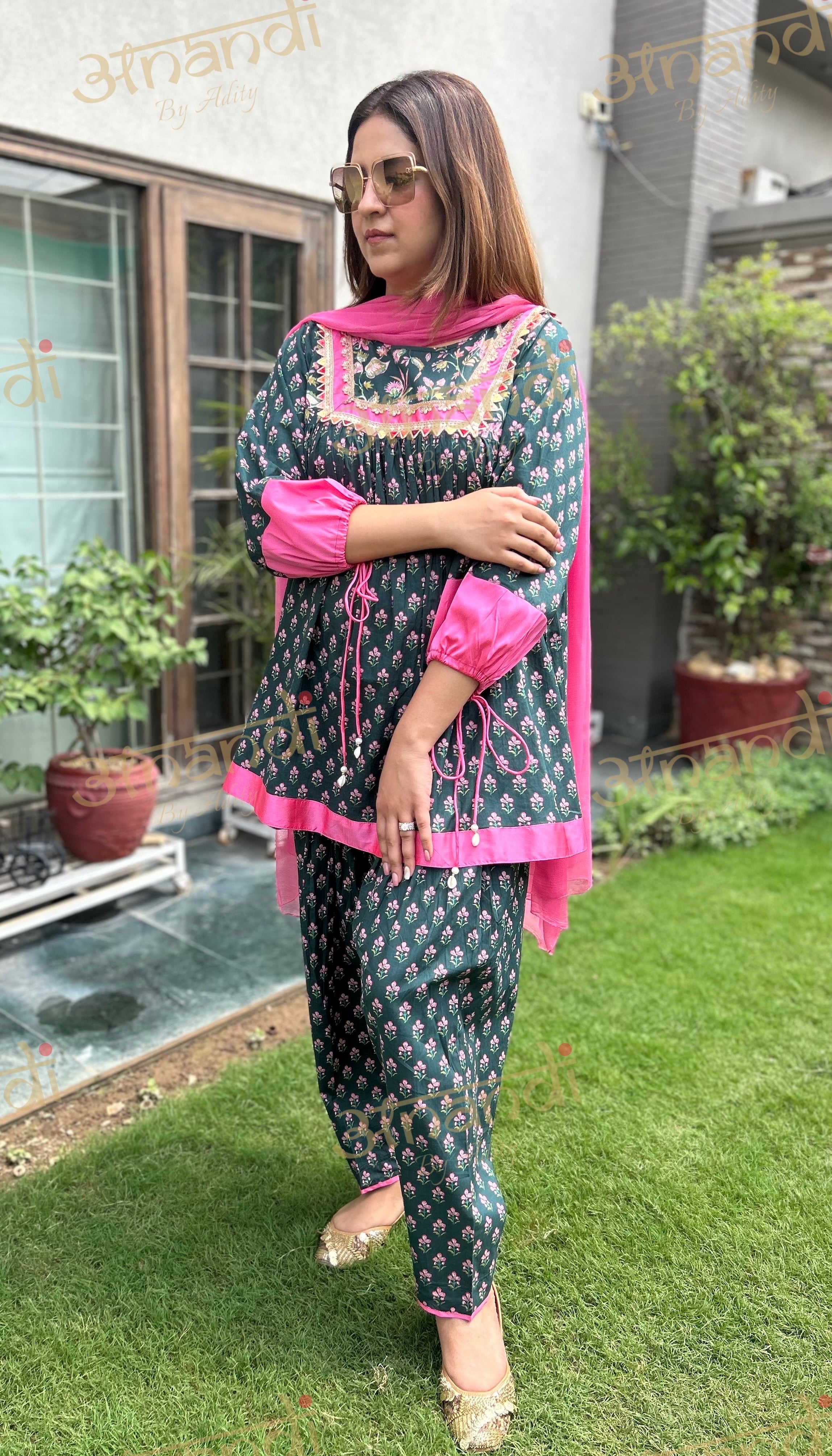 DARK GREEN PINK DUPATTA SET