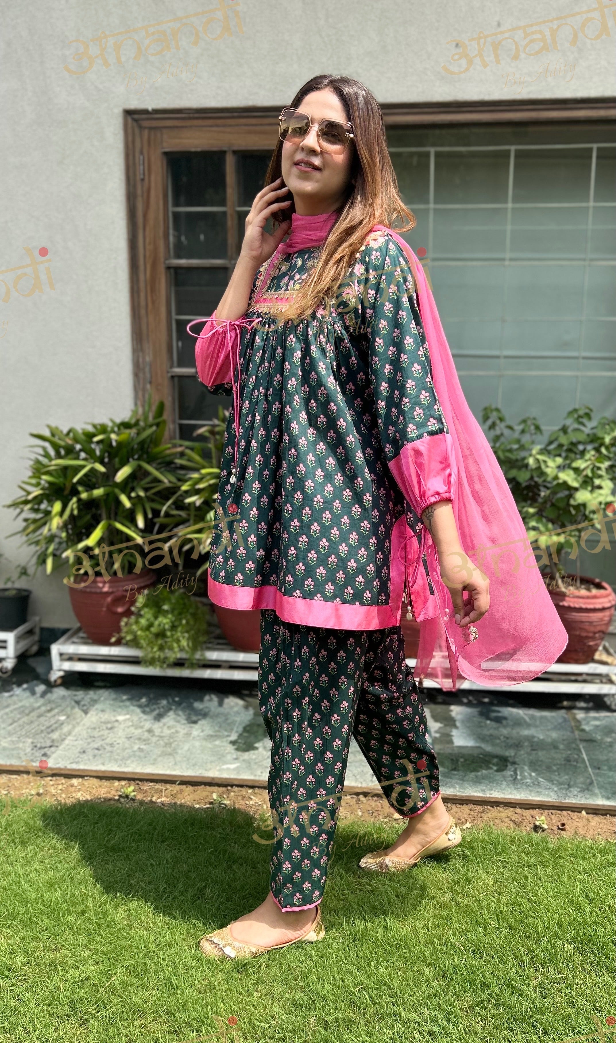 DARK GREEN PINK DUPATTA SET