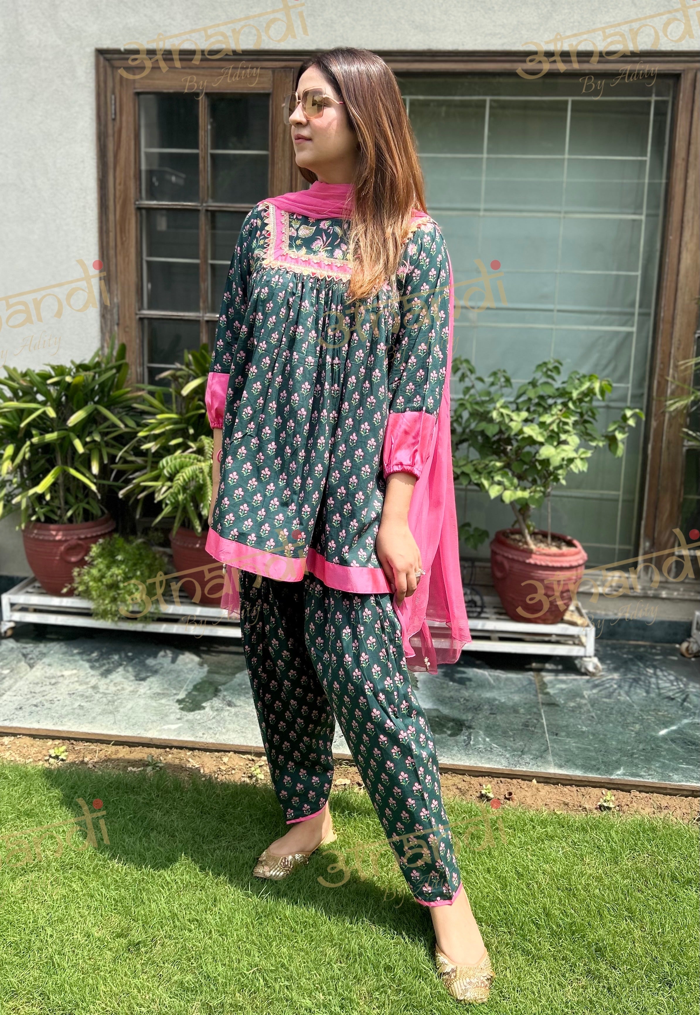 DARK GREEN PINK DUPATTA SET