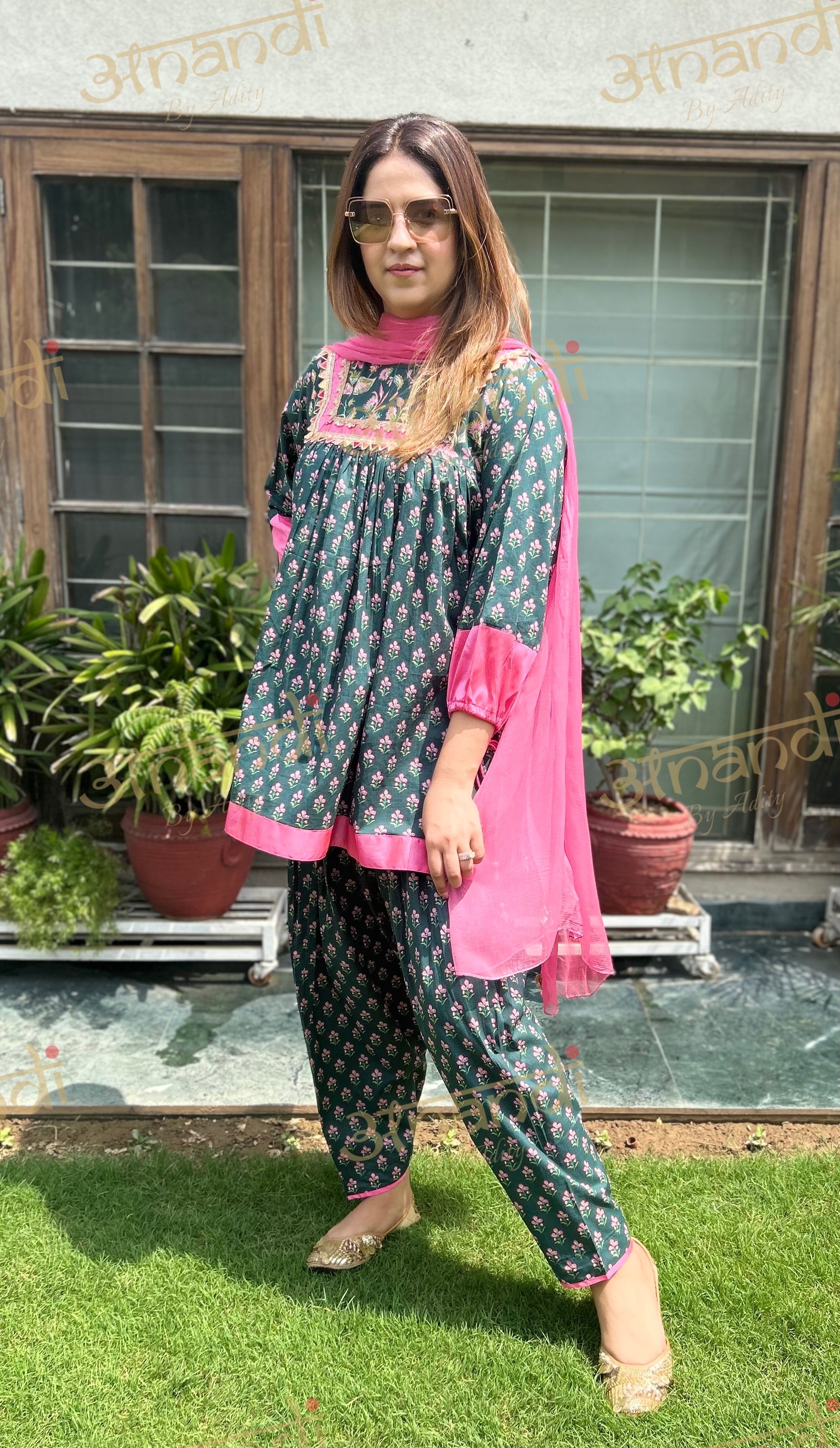 DARK GREEN PINK DUPATTA SET