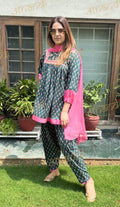 DARK GREEN PINK DUPATTA SET