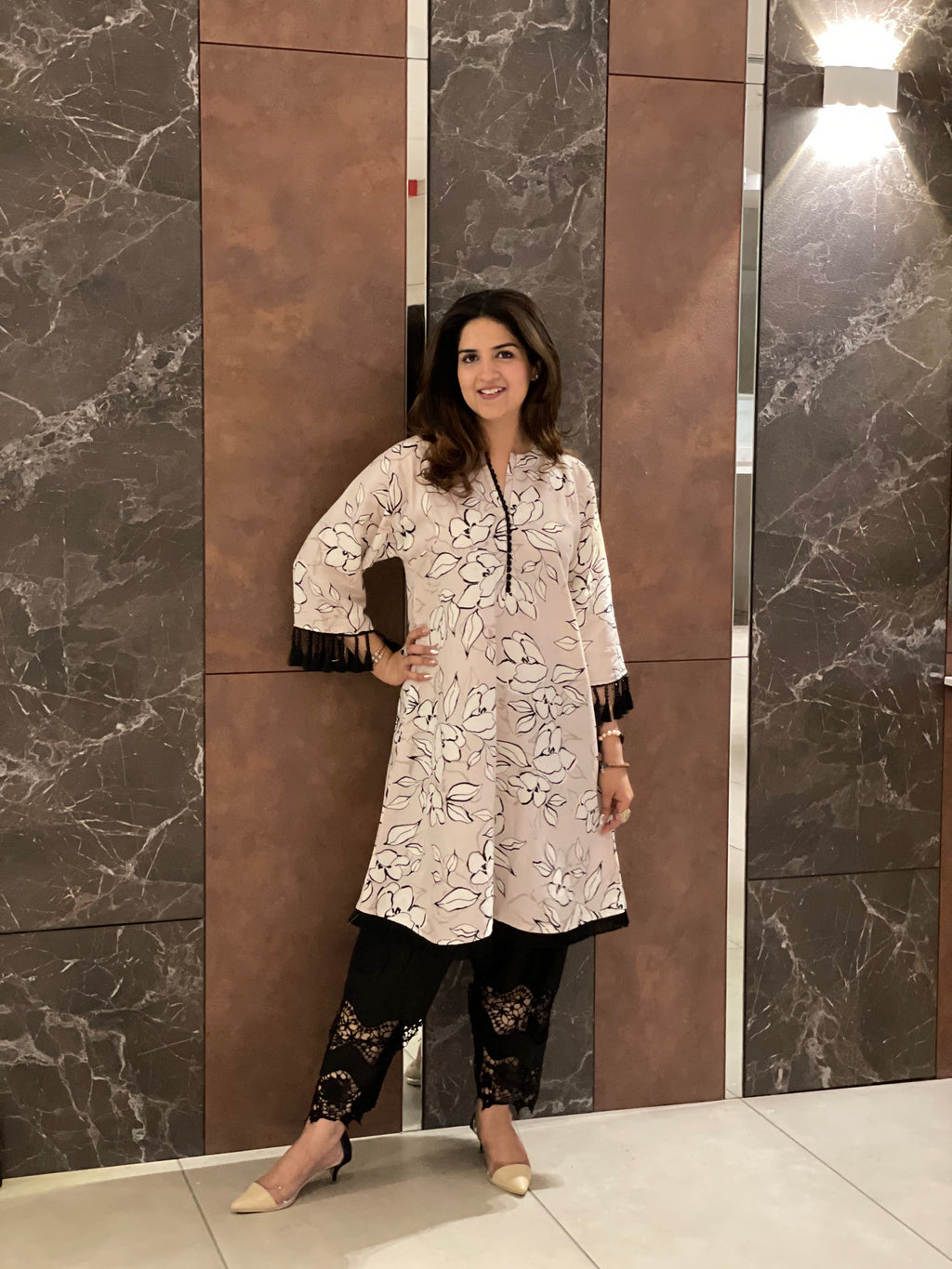 BEIGE BLACK FLORAL SET