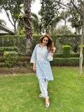 BLUE WHITE EMBROIDERED CHIKAN SET